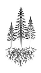 Three coniferous trees with visible, intricate root systems in a graphic style.