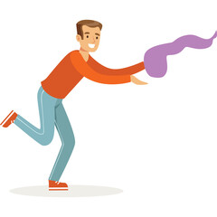 Smiling Man in Orange Shirt and Blue Jeans Holding a Purple Swirl Object with a Transparent Background for Design Use