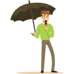 Smiling Man Holds Black Umbrella And Microphone Ready To Report News Outdoors On A White Background Wearing A Green Sweater And Brown Pants