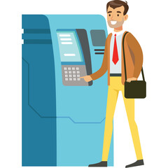 Smiling Man In Brown Jacket Red Tie Yellow Pants Using A Blue Financial Machine With A Black Shoulder Bag And Transparent Background