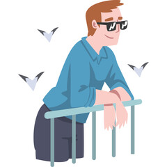 Smiling Man In Blue Long Sleeve Shirt And Dark Pants Wearing Sunglasses Leaning On A Balcony Railing With Birds Flying In The Background And Transparent Background