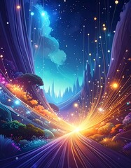 Whimsical fantasy landscape with glowing orbs and vibrant flora under a starry sky.