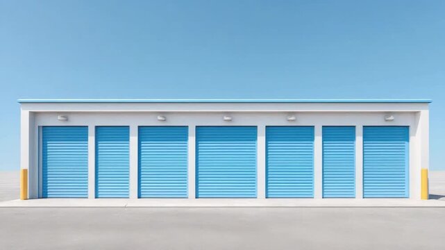 Contemporary Storage Facility with Blue Shutters Against a Clear Sky 4k video footage
