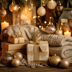 A Christmas tree with many ornaments and a box of presents