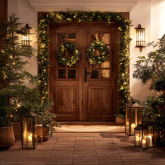 A house with a wreath on the door and lights on the porch