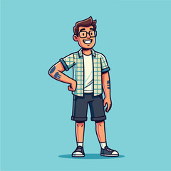 Smiling young man in glasses and casual attire standing confidently.