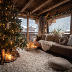 A cozy living room with a Christmas tree in the corner