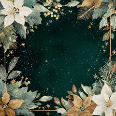 A green background with a gold frame and a white flower