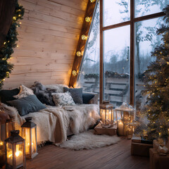 A cozy living room with a couch, pillows, and a blanket