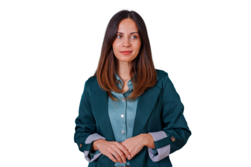 Professional businesswoman looking sideways with confidence, wearing stylish blazer, transparent background