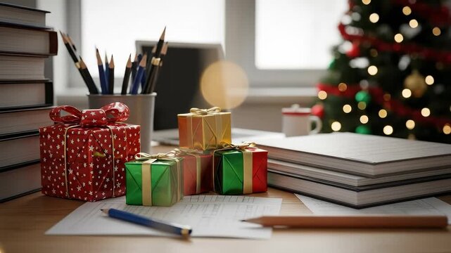 Colorful Christmas gifts, books, and pencils on a desk, creating a festive holiday season workspace with a blurred Christmas tree in the background, ideal for study or work.
