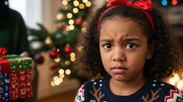 Disgusted little African American girl grimacing at a Christmas present during holiday celebration with a festive tree in the background