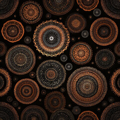 A black and gold patterned background with many circles