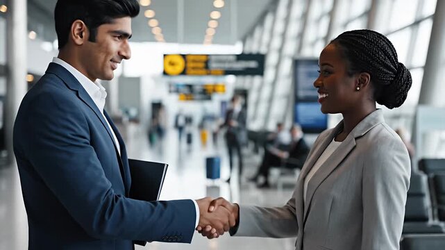 Professional business associates shake hands smiling in a modern corporate setting or airport terminal symbolizing successful collaboration greeting