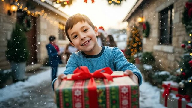 Smiling young Caucasian boy holding out a festive Christmas gift on a snowy street, with a group of carolers singing in a decorated neighborhood during the holiday season.