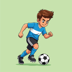 Young boy playing soccer with a ball on a light green background.