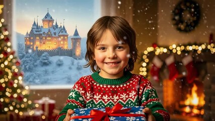 A happy young boy holds a festive Christmas gift with a red ribbon, smiling in a cozy holiday home with a snowy castle view. - Powered by Adobe