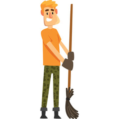 Smiling Man In Orange T Shirt And Camouflage Pants Holding A Broom And Wearing Gloves With Transparent Background
