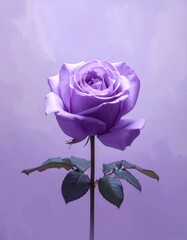 Single purple rose in bloom with green leaves against a soft purple background.