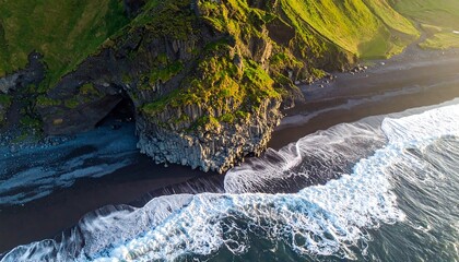 Aerial view of a black sand beach with waves crashing near a cave.