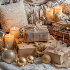 A box with a gold ribbon sits on top of a stack of boxes