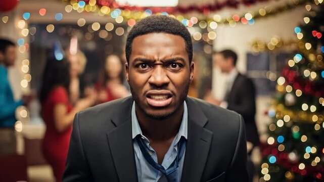 Young African American man with a shocked expression and wide eyes, clenching fists in disbelief at a festive holiday party, surrounded by blurred guests and colorful decorations.