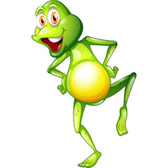 Happy green cartoon frog with bulging eyes and yellow belly standing on one leg in a playful pose with a wide open mouth and bright white background