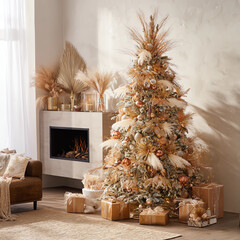 A large tree with a gold and white color is in the middle of a room