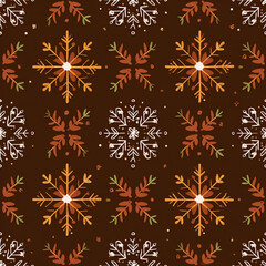A brown and white pattern of snowflakes with green leaves