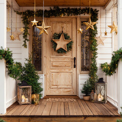 A wooden door with a star wreath on it