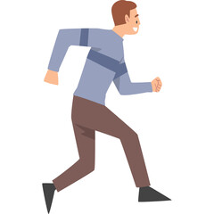 Smiling Man With Short Brown Hair Wearing A Blue Long Sleeved Shirt And Brown Pants Running With Arms Bent And A Determined Expression On His Face On A Transparent Background