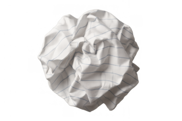 Crumpled lined paper ball representing ideas, mistakes, writer's block, failure, or waste, transparent background