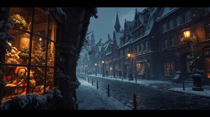 A cozy Christmas window display overlooking a dark, snowy, European medieval town street.