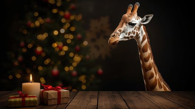 A curious giraffe peeks over a wooden table with candles and Christmas gifts.