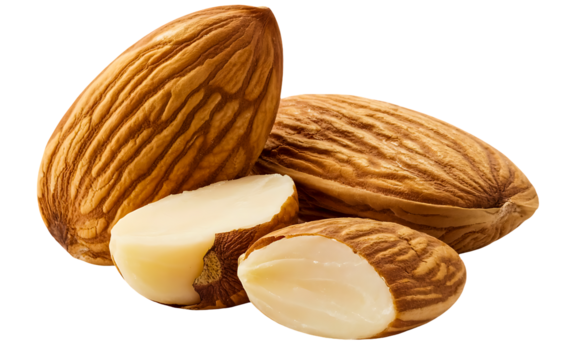 Closeup of several whole and halved raw almonds with textured brown shells, isolated on transparent background for a clean, healthy food presentation