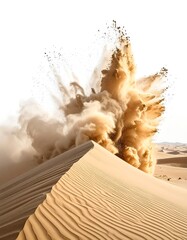 Sand dune eruption of sand particles against white background.