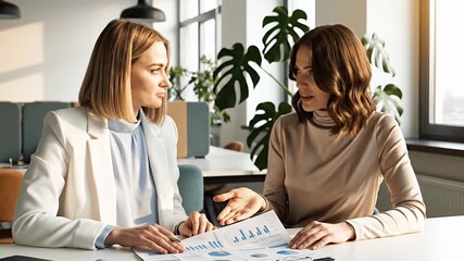 Two professional business women collaborate in a modern office analyzing data and discussing strategy Female colleagues reviewing charts and graphs during - Powered by Adobe