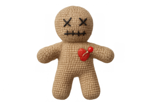 Voodoo doll representing heartbreak and pain, a symbolic object for curses, revenge, and dark magic rituals