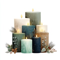 A tranquil display of decorative candles surrounded by winter foliage.
