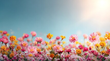 A vibrant field of colorful flowers basking in bright sunlight under a clear blue sky.