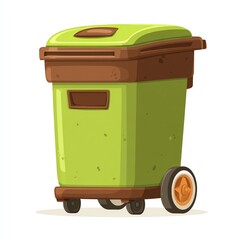 A vibrant green trash can with wheels, symbolizing waste management and recycling efforts.