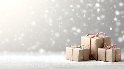 Beautifully wrapped gifts stacked on snow during a serene winter snowfall.