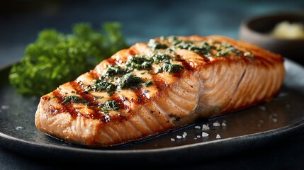 Delicious grilled salmon fillet garnished with herbs on a dark plate, tempting and savory.