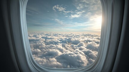 Stunning view of fluffy clouds through an airplane window on a bright sunny day.