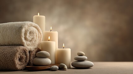 Relaxing spa scene with candles, towels, and smooth stones for a tranquil ambiance.