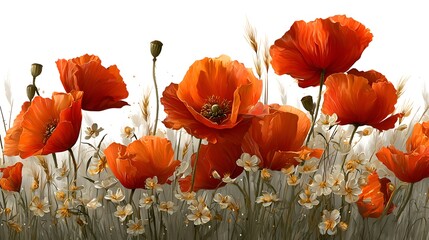 Obraz premium Vibrant orange poppy flowers are beautifully arranged with delicate white blossoms against a soft, blurred background creating a serene scene.