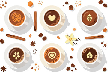 Coffee Cups with Latte Art and Spices Vector Illustration