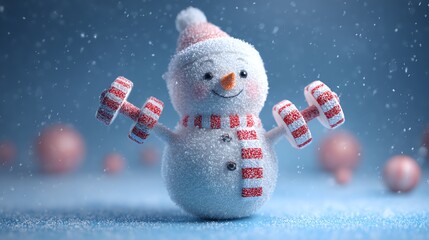 A cheerful snowman lifts weights, embodying holiday spirit and fitness joyfully.
