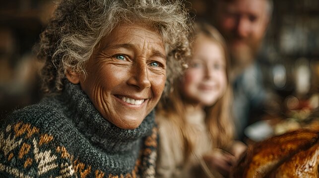 Smiling senior woman with curly gray hair wea a sweater enjoys Thanksgiving dinner with her family gathered around the table together. - Powered by Adobe