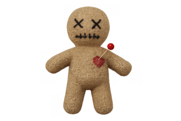 Voodoo doll representing pain and revenge, a symbol of bad luck, curse, and dark magic, isolated on transparent background